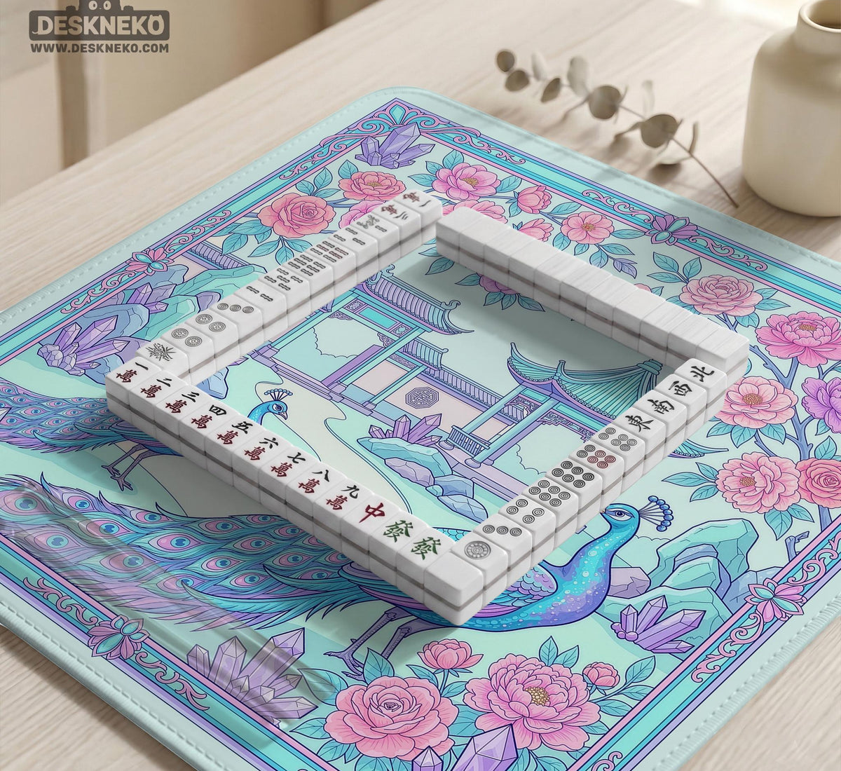 Pastel aqua mahjong table mat with peacock birds, pink flowers, pavilion details, and ornate floral linework.
