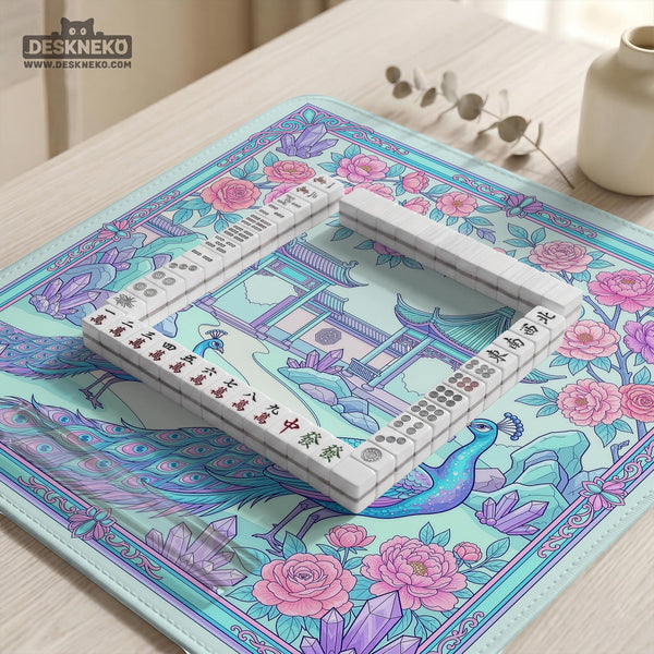 Pastel aqua mahjong table mat with peacock birds, pink flowers, pavilion details, and ornate floral linework.