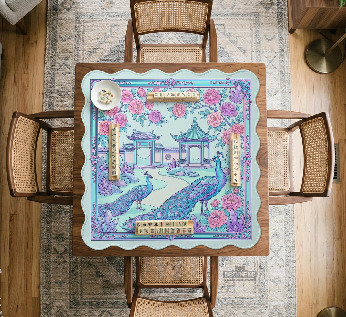 Pastel aqua mahjong table mat with peacock birds, pink flowers, pavilion details, and ornate floral linework.