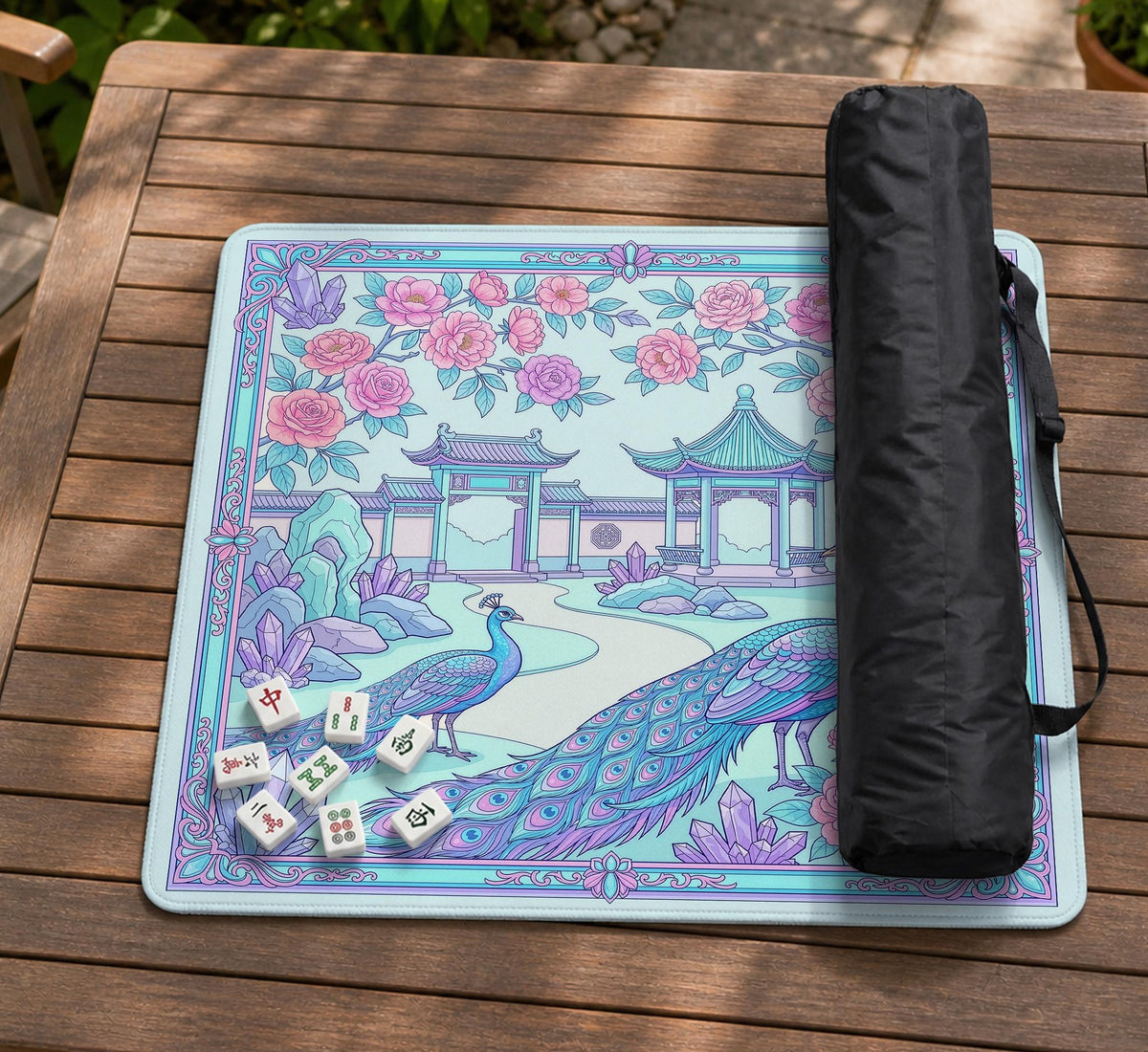 Pastel aqua mahjong table mat with peacock birds, pink flowers, pavilion details, and ornate floral linework.