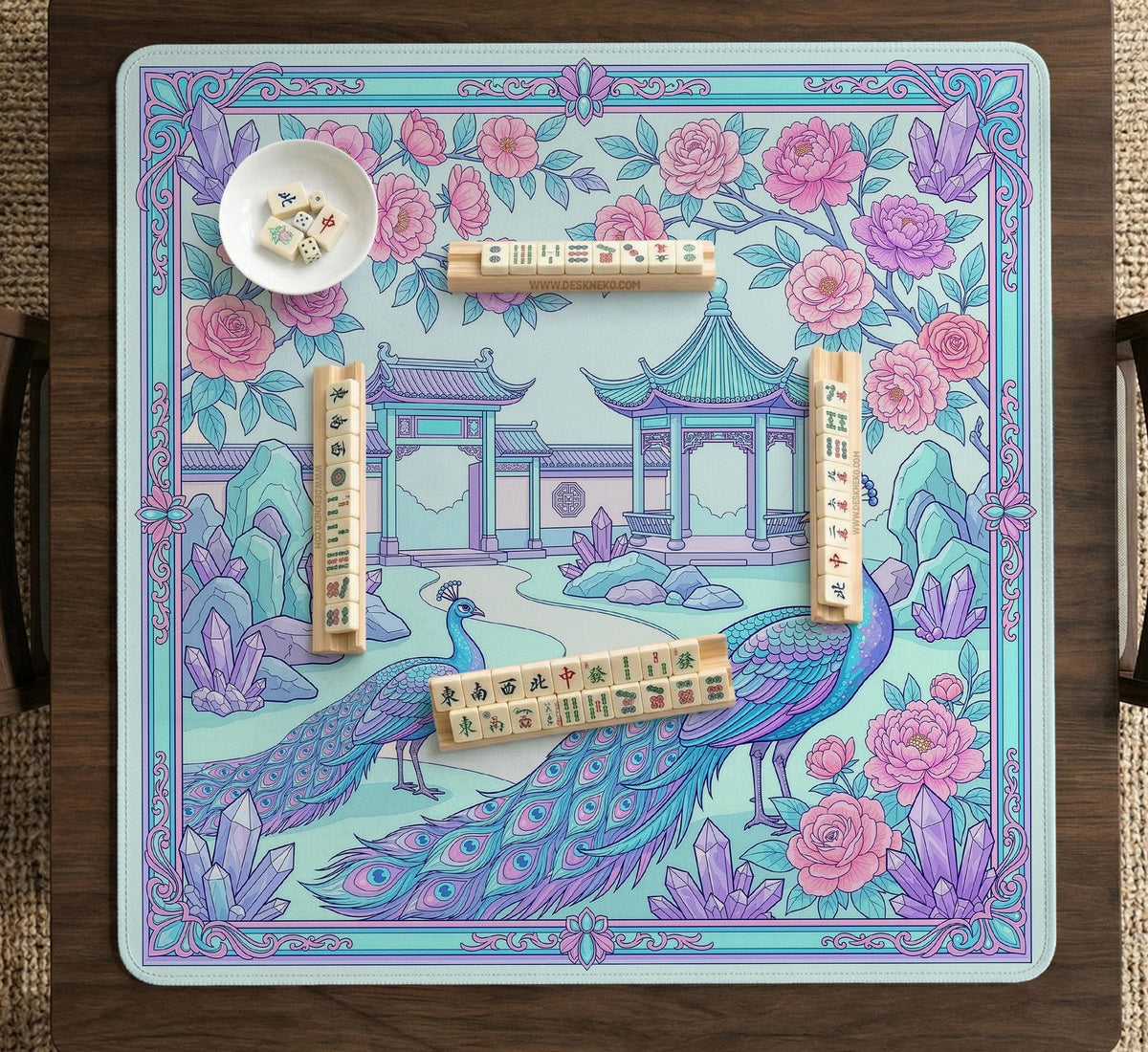 Pastel aqua mahjong table mat with peacock birds, pink flowers, pavilion details, and ornate floral linework.