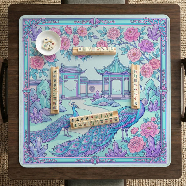 Pastel aqua mahjong table mat with peacock birds, pink flowers, pavilion details, and ornate floral linework.