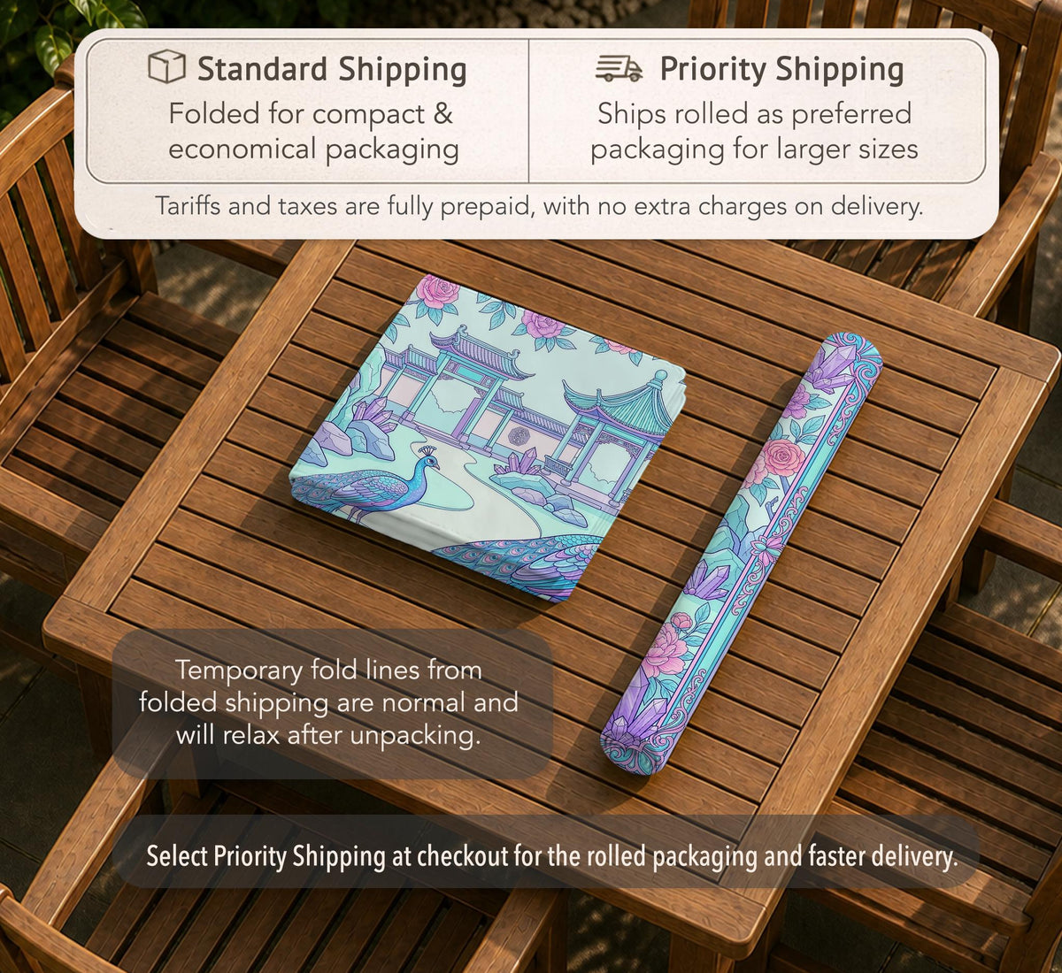 Pastel aqua mahjong table mat with peacock birds, pink flowers, pavilion details, and ornate floral linework.
