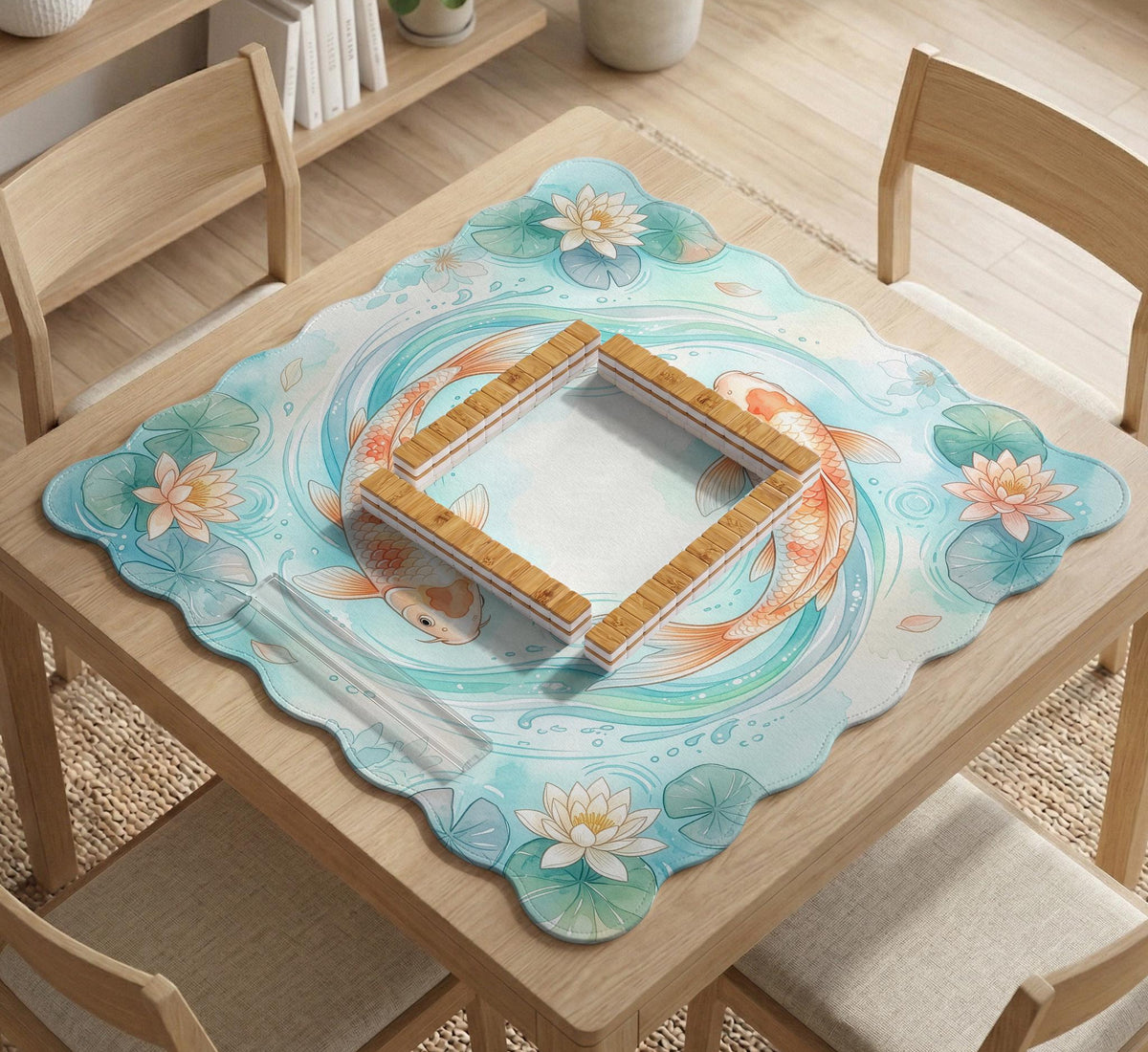 Pastel aqua square mahjong mat with orange koi fish, lotus flowers, lily pads, and flowing water lines.
