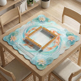 Pastel aqua square mahjong mat with orange koi fish, lotus flowers, lily pads, and flowing water lines.