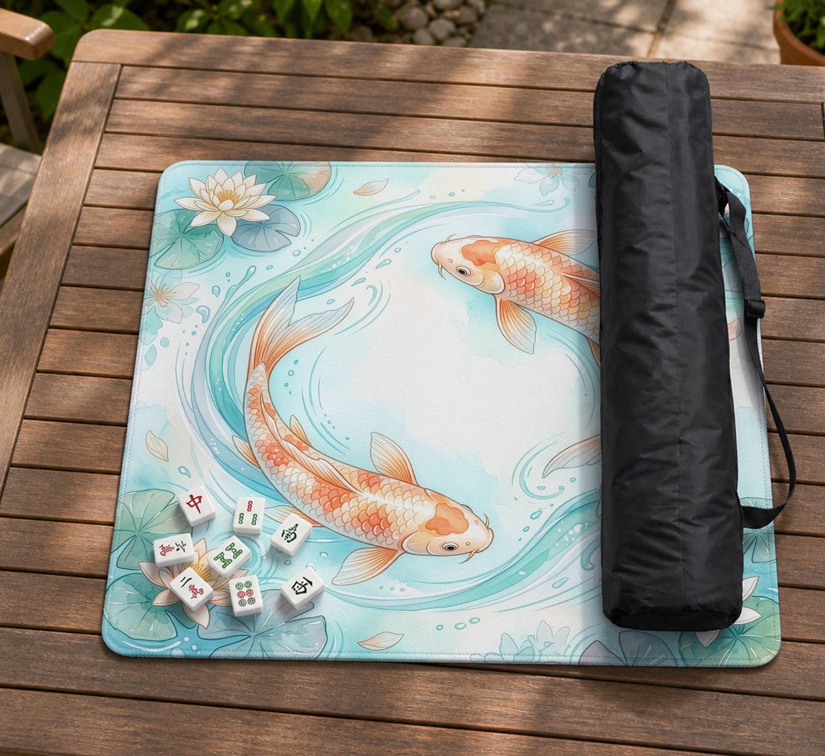 Pastel aqua square mahjong mat with orange koi fish, lotus flowers, lily pads, and flowing water lines.