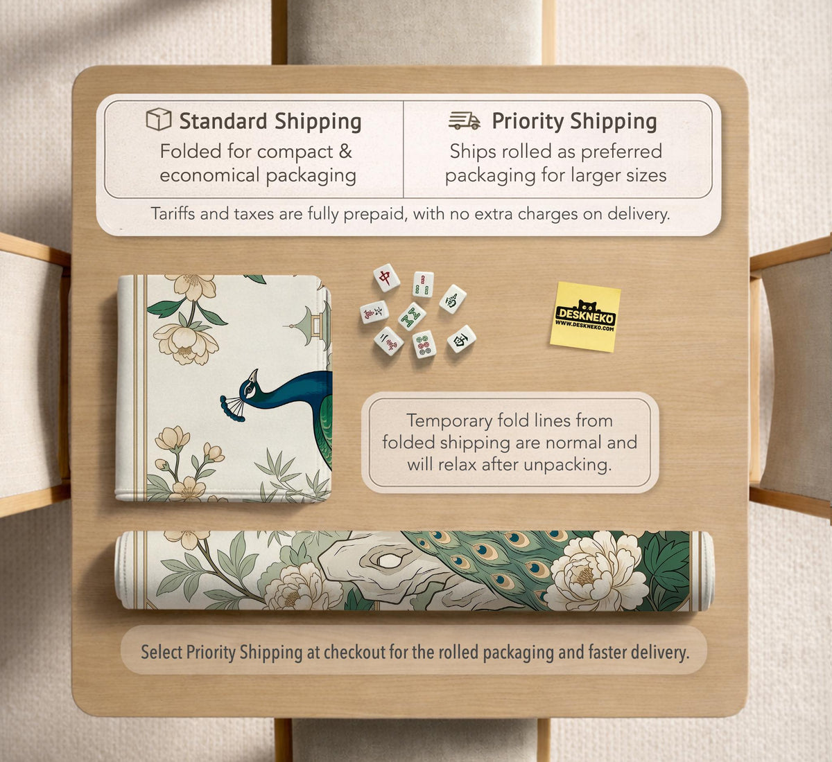 A green mahjong mat with peacock, floral, bamboo, pagoda, and gold border artwork in a scalloped chinoiserie style.