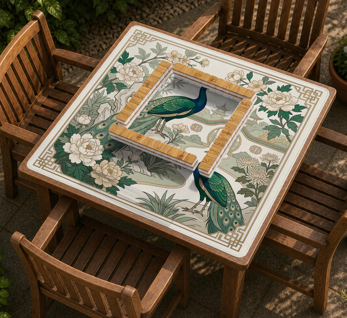 A green mahjong mat with peacock, floral, bamboo, pagoda, and gold border artwork in a scalloped chinoiserie style.