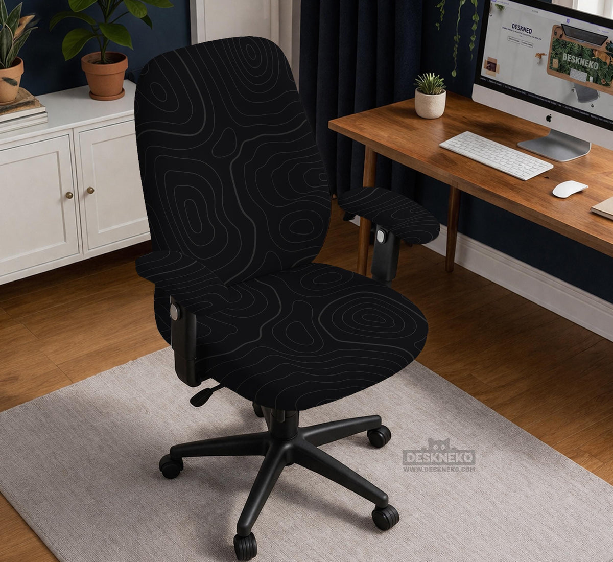 Black chair cover with a thin line art pattern on a gaming chair, shown with a high back and armrest areas covered.