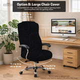 Black chair cover with a thin line art pattern on a gaming chair, shown with a high back and armrest areas covered.