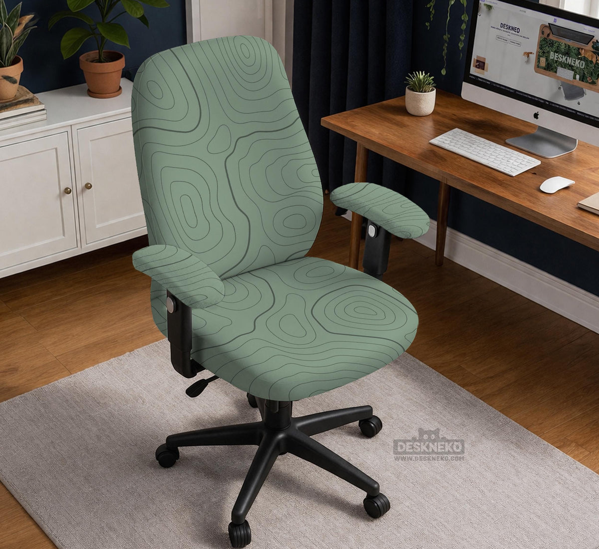 Sage green chair cover with a topographic line pattern shown on a desk chair, with armrest openings visible.