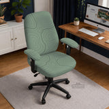 Sage green chair cover with a topographic line pattern shown on a desk chair, with armrest openings visible.