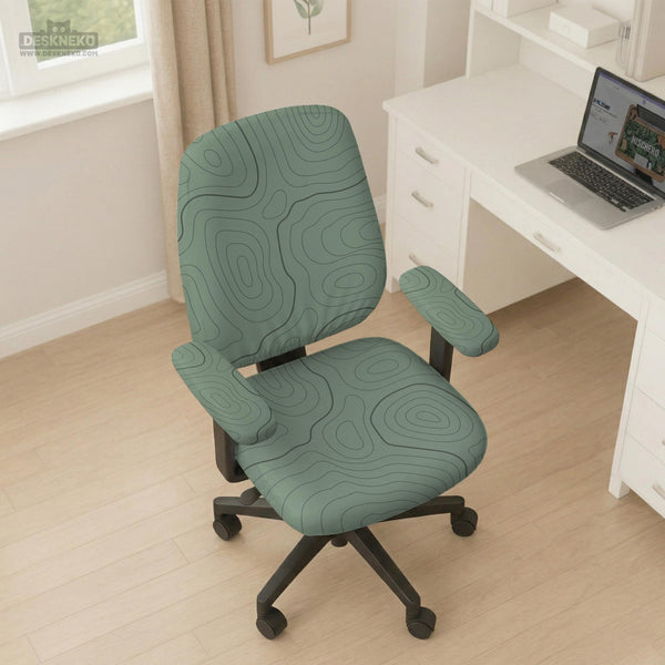 Sage green chair cover with a topographic line pattern shown on a desk chair, with armrest openings visible.