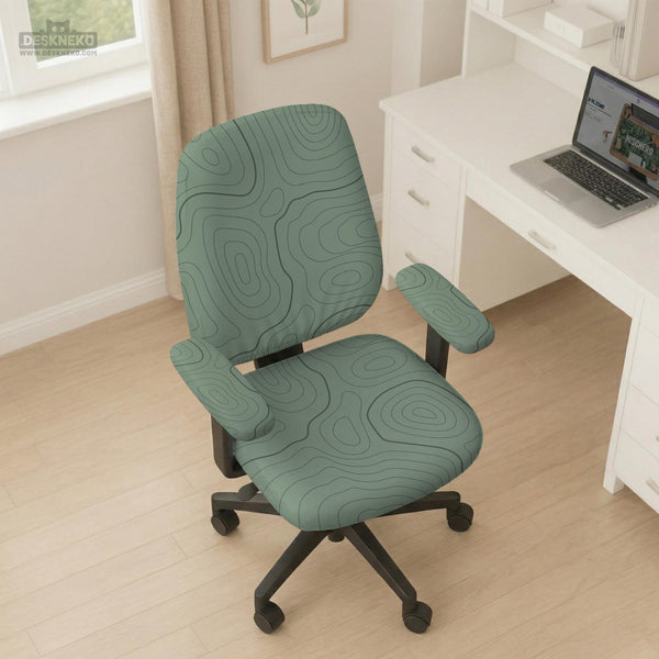 Sage green chair cover with a topographic contour-line pattern on a high-back gaming or office chair.