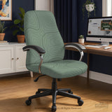 Sage green chair cover with a topographic line pattern shown on a desk chair, with armrest openings visible.