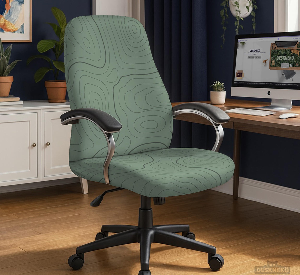Sage green chair cover with a topographic contour-line pattern on a high-back gaming or office chair.