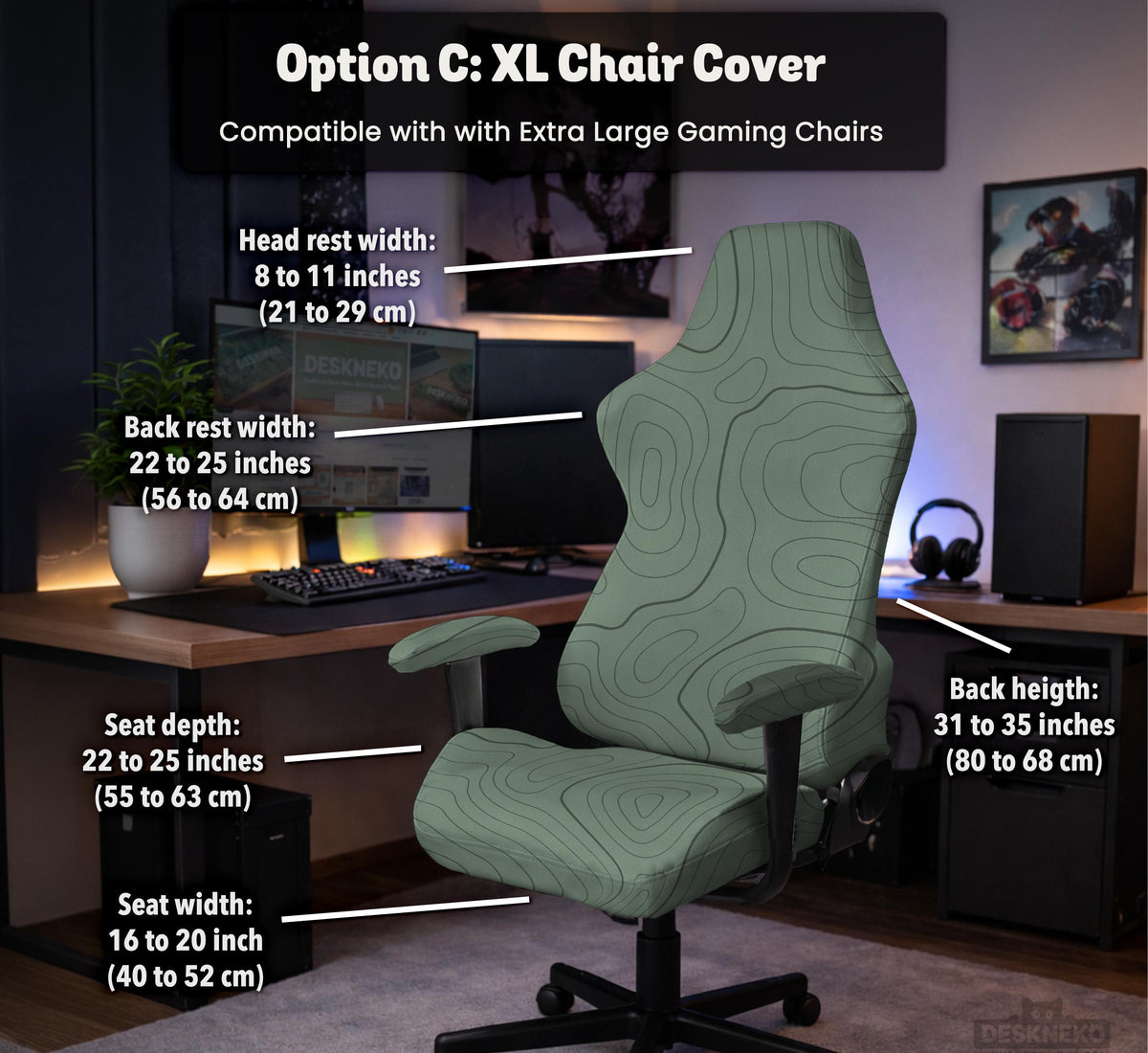Sage green chair cover with a topographic line pattern shown on a desk chair, with armrest openings visible.
