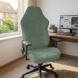 Sage green chair cover with a topographic line pattern shown on a desk chair, with armrest openings visible.
