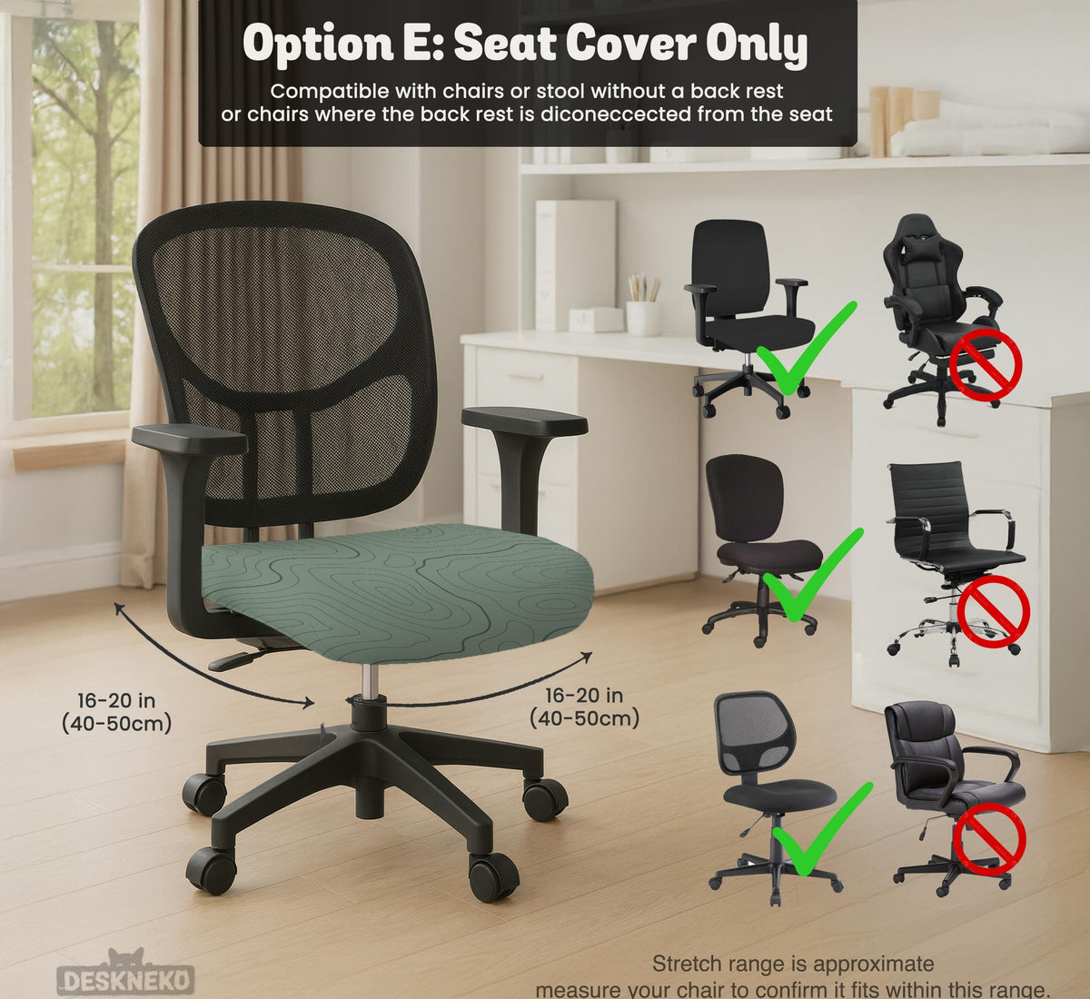 Sage green chair cover with a topographic contour-line pattern on a high-back gaming or office chair.