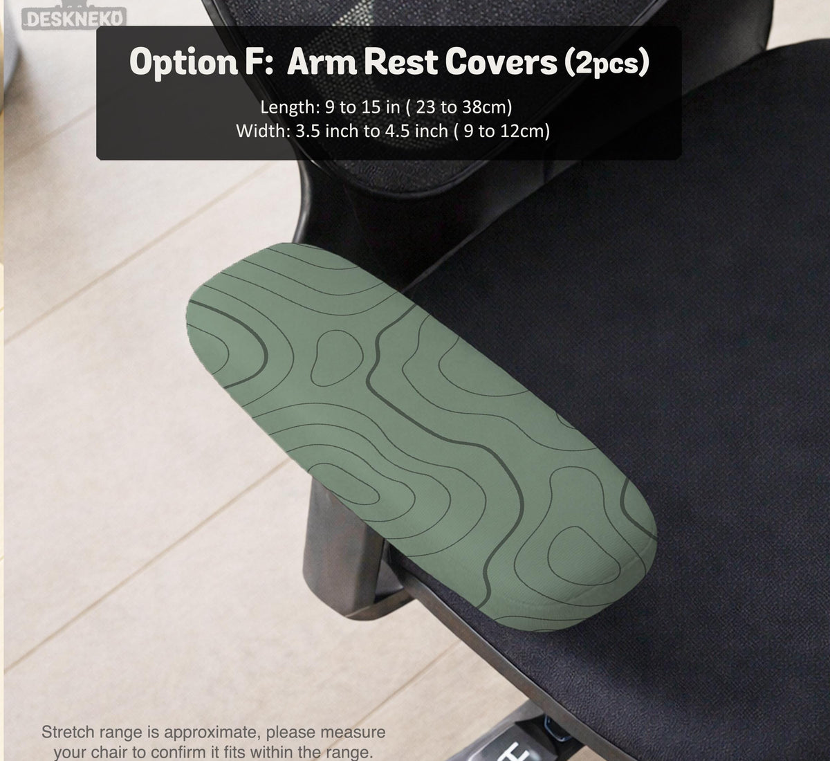 Sage green chair cover with a topographic line pattern shown on a desk chair, with armrest openings visible.