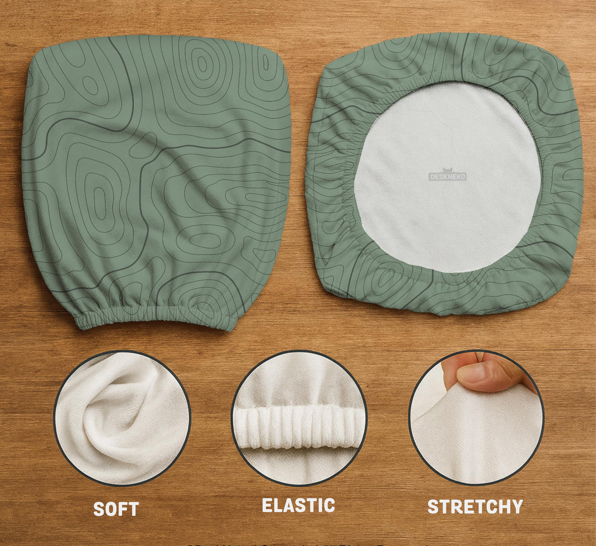 Sage green chair cover with a topographic contour-line pattern on a high-back gaming or office chair.