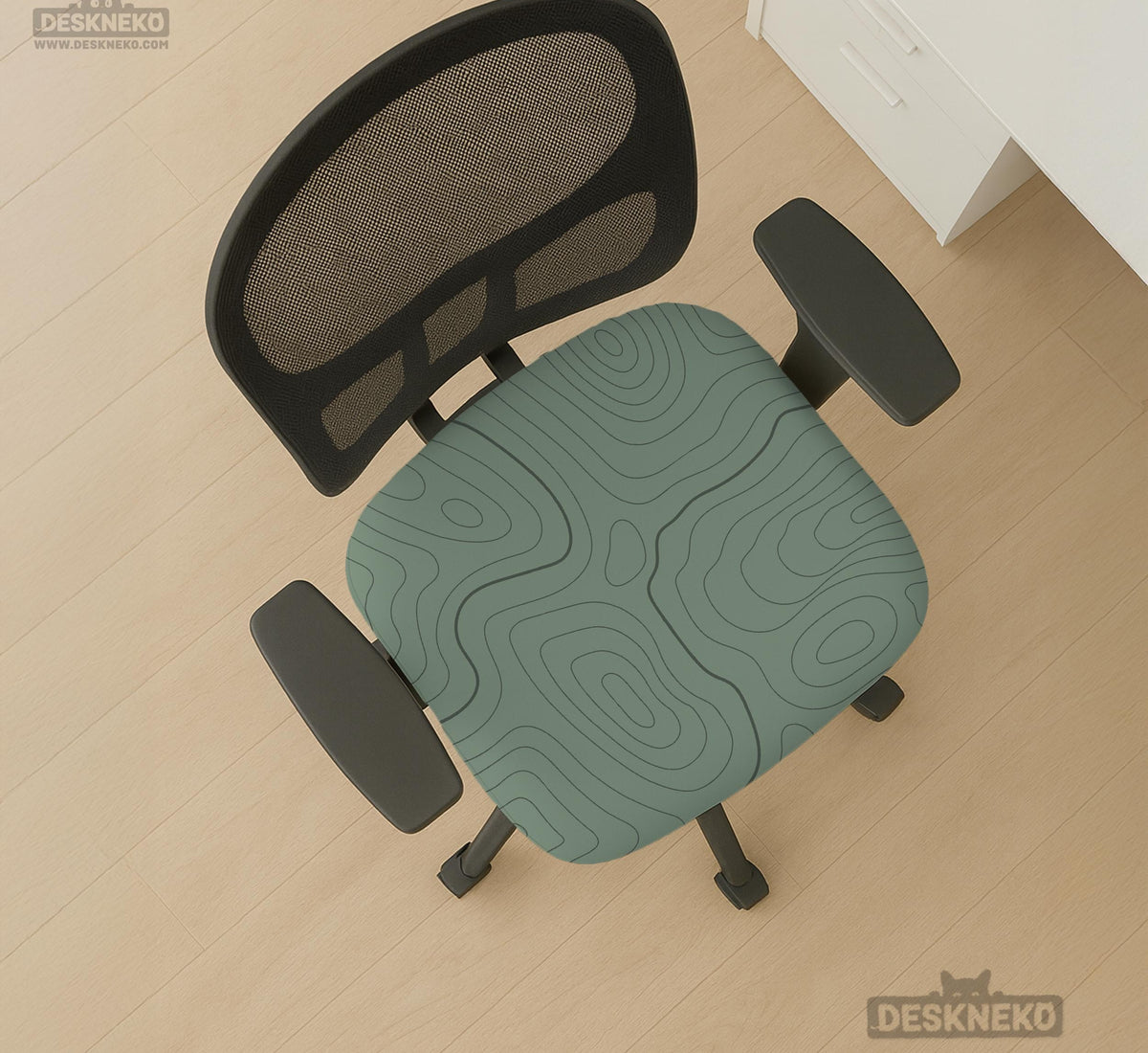 Sage green chair cover with a topographic line pattern shown on a desk chair, with armrest openings visible.