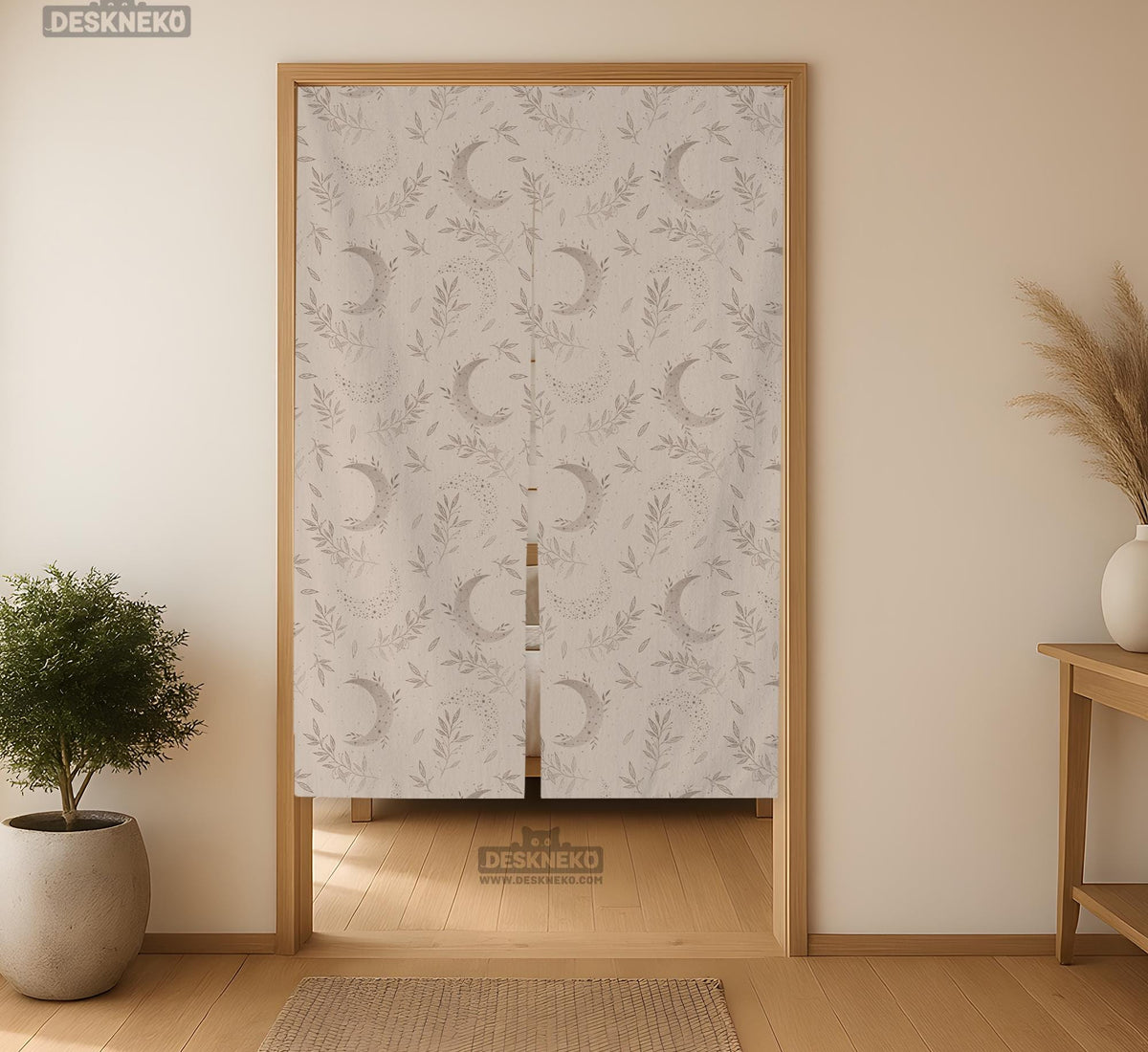 Beige door curtain with a crescent moon, leafy botanical branches, gray line art, and dotted celestial details.