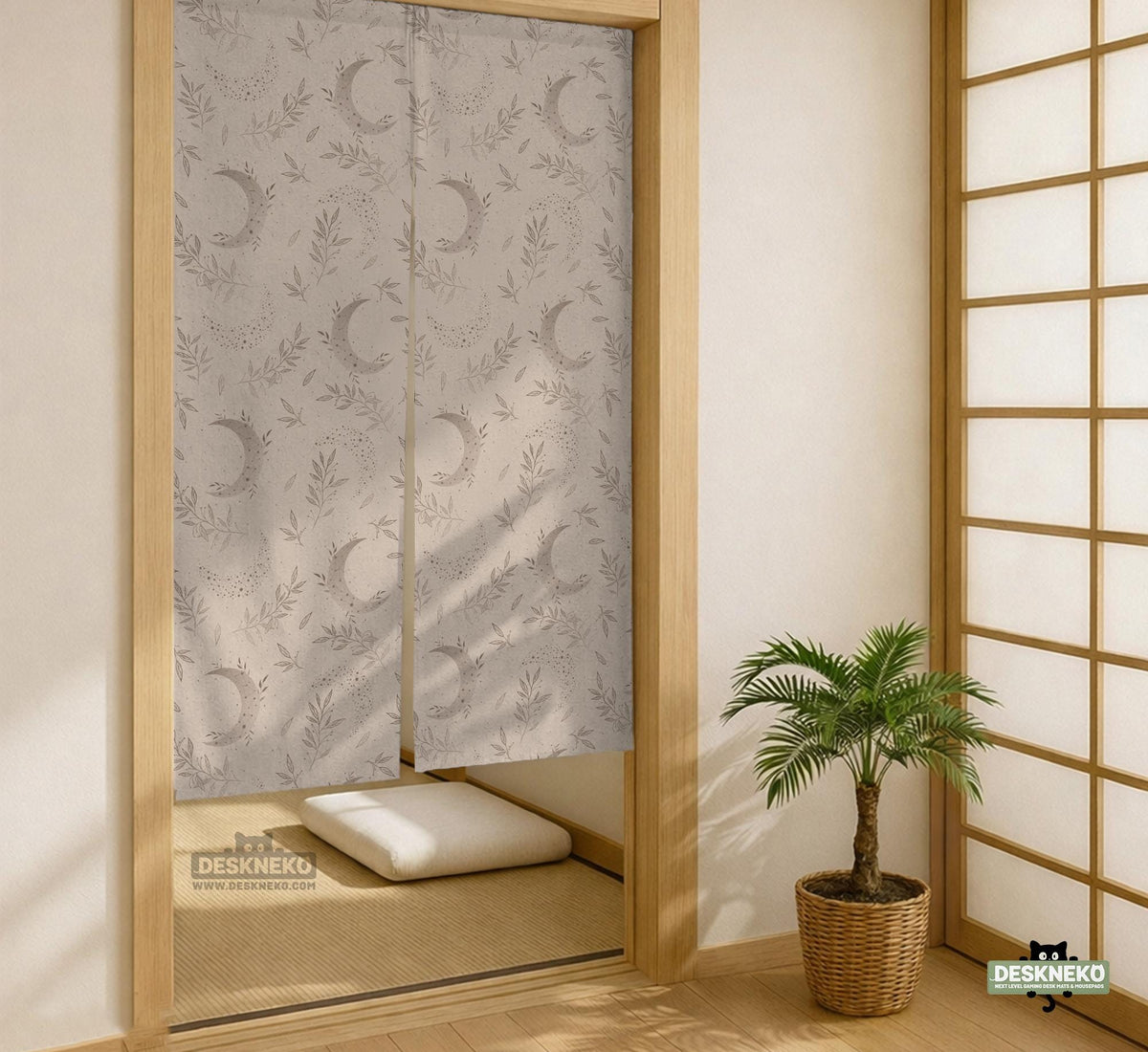 Beige door curtain with a crescent moon, leafy botanical branches, gray line art, and dotted celestial details.
