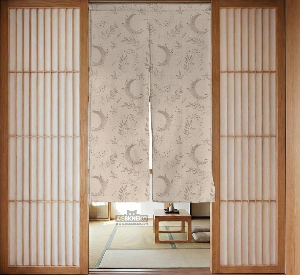 Beige door curtain with a crescent moon, leafy botanical branches, gray line art, and dotted celestial details.