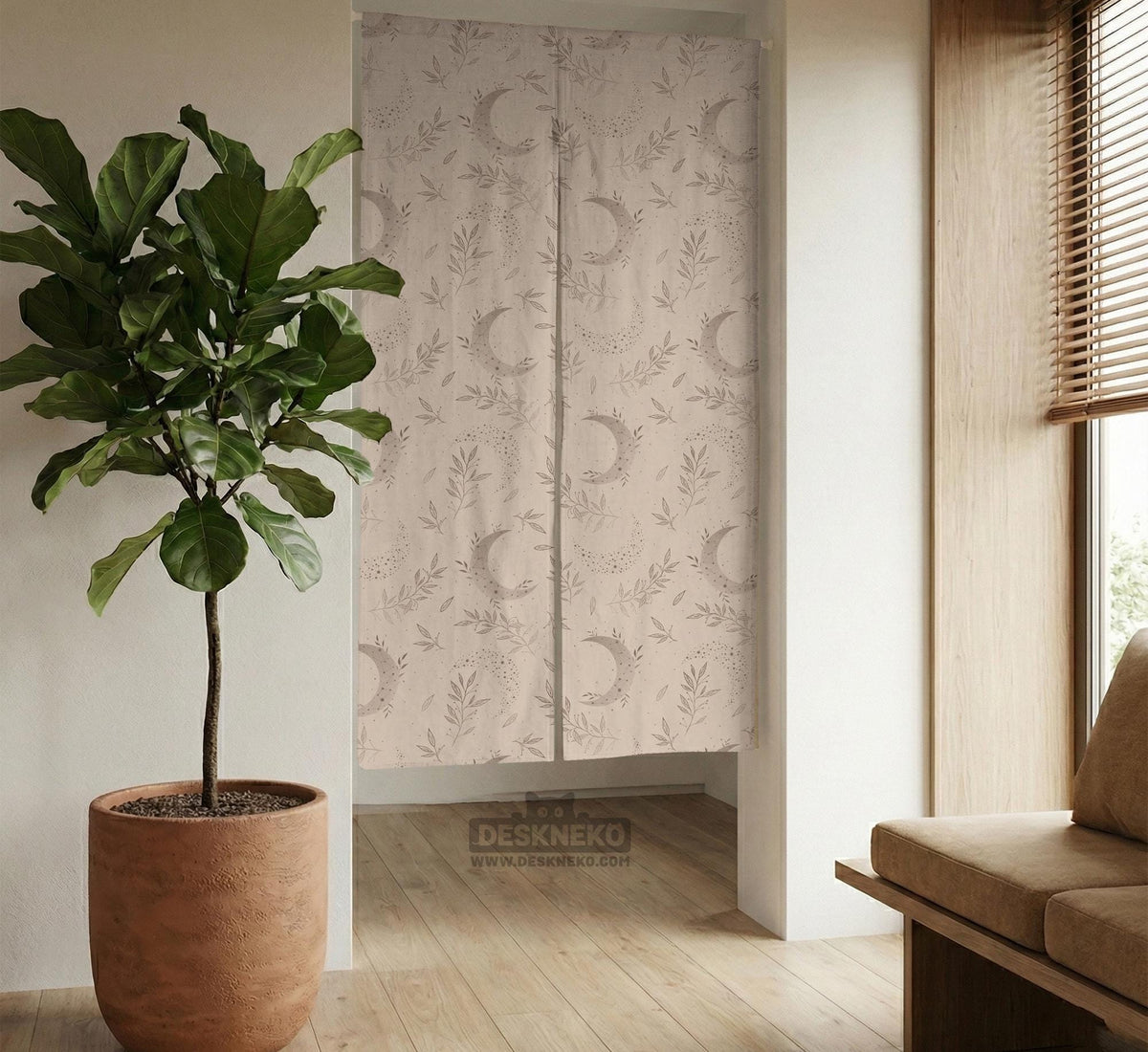 Beige door curtain with a crescent moon, leafy botanical branches, gray line art, and dotted celestial details.