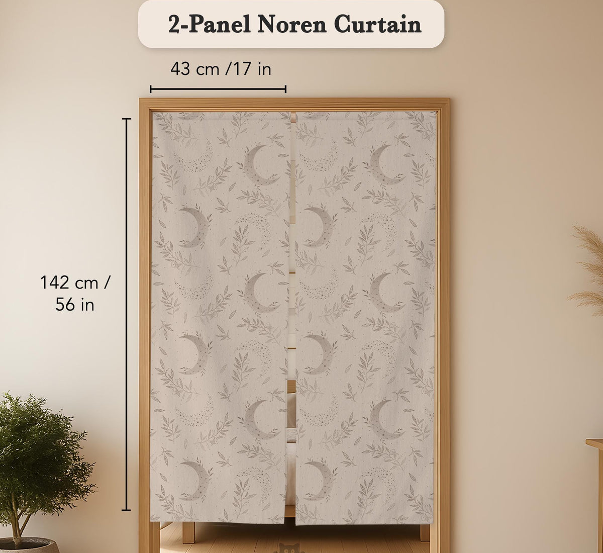 Beige door curtain with a crescent moon, leafy botanical branches, gray line art, and dotted celestial details.