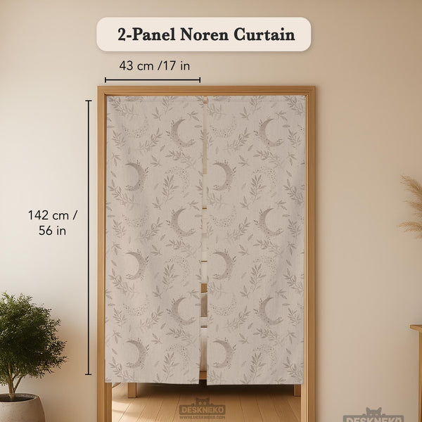 Beige door curtain with a crescent moon, leafy botanical branches, gray line art, and dotted celestial details.