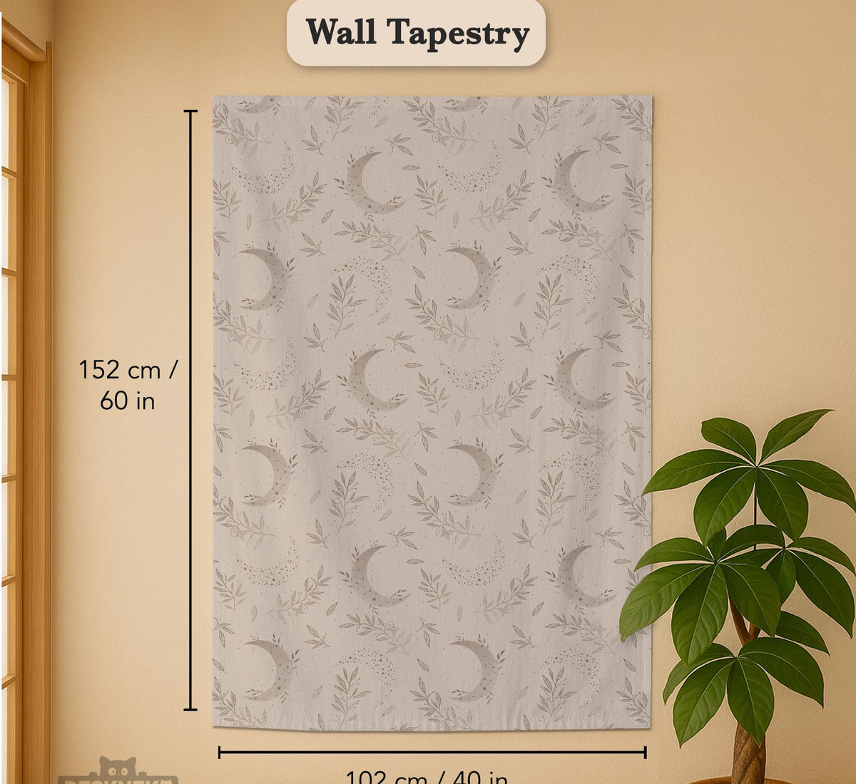 Beige door curtain with a crescent moon, leafy botanical branches, gray line art, and dotted celestial details.