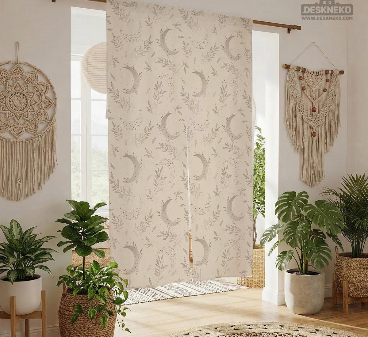 Beige door curtain with a crescent moon, leafy botanical branches, gray line art, and dotted celestial details.