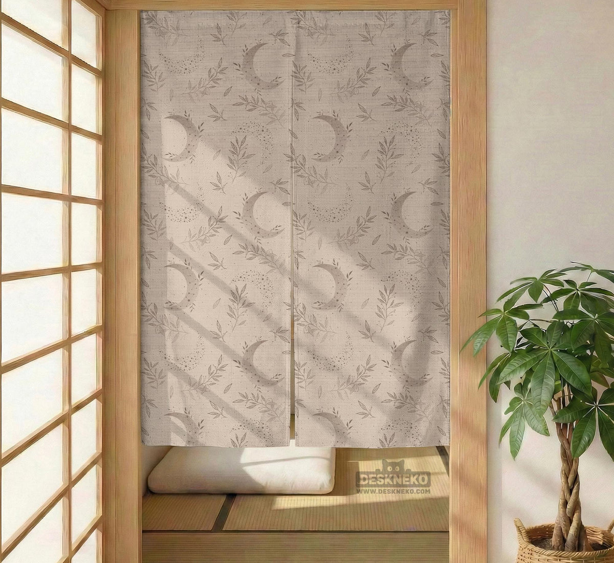 Beige door curtain with a crescent moon, leafy botanical branches, gray line art, and dotted celestial details.