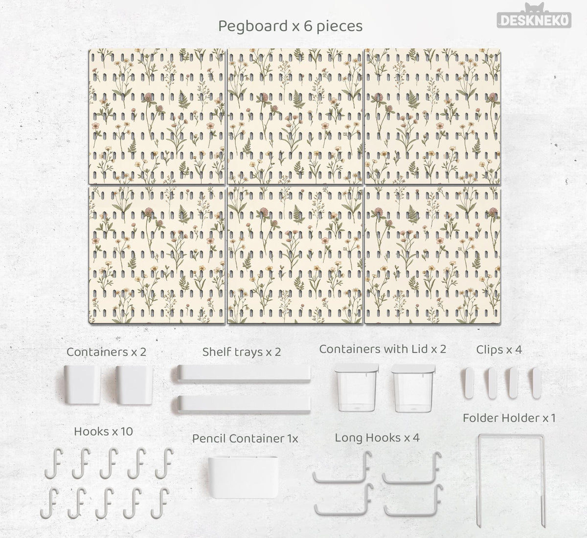Cream pegboard wall organizer with small floral print, sage green stems, black slot layout, shelves, hooks, clips, and containers.