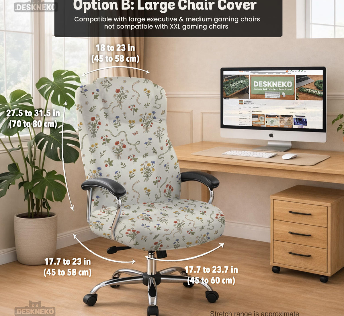 Cream chair cover with a scattered cottage garden floral print in red, blue, yellow, and green on a light background.