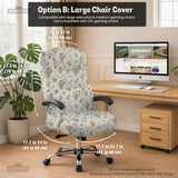 Cream chair cover with a scattered cottage garden floral print in red, blue, yellow, and green on a light background.