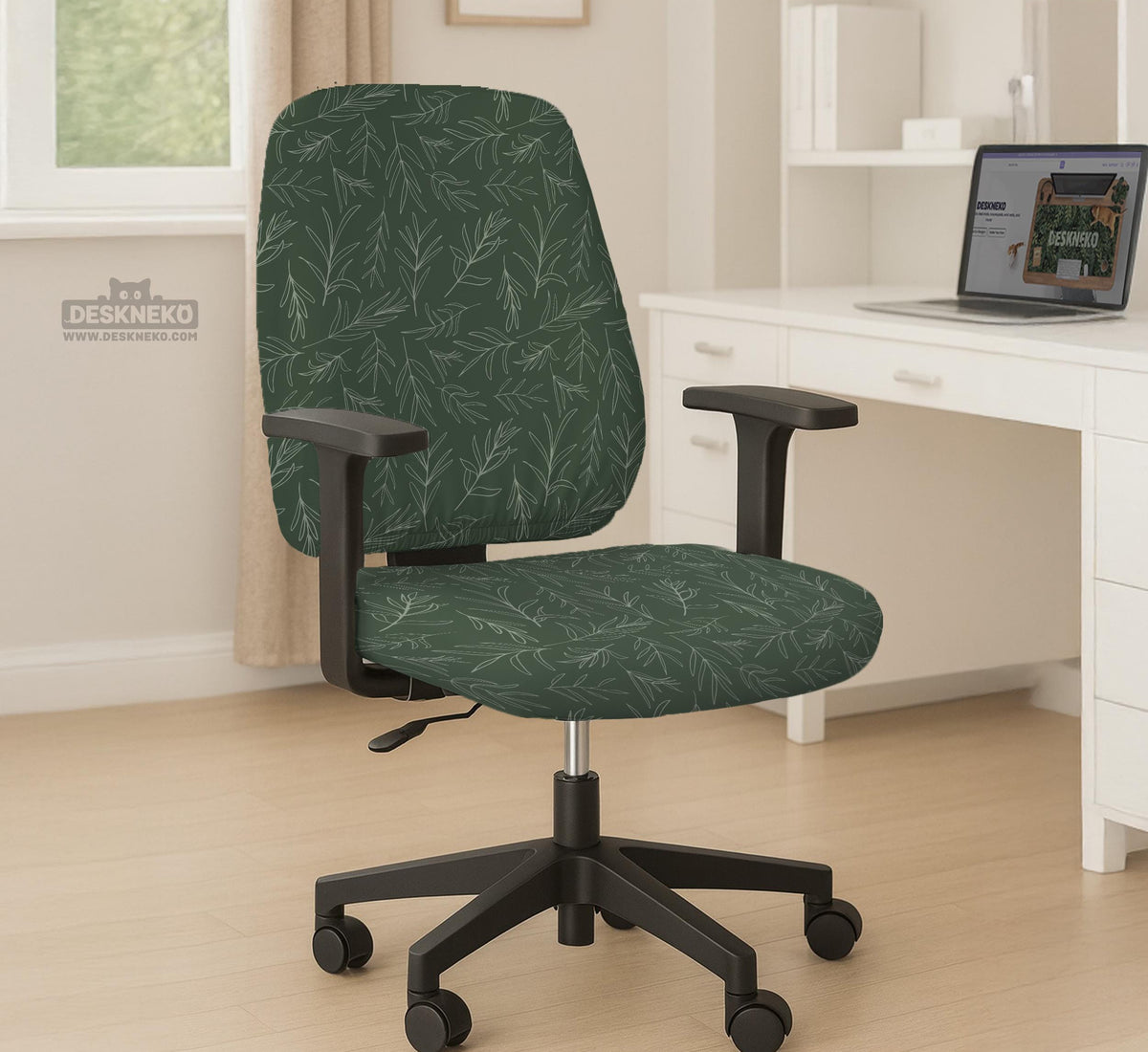 A forest green chair cover with a sage green leaf print shown on a high-back office or gaming chair.