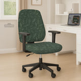 A forest green chair cover with a sage green leaf print shown on a high-back office or gaming chair.