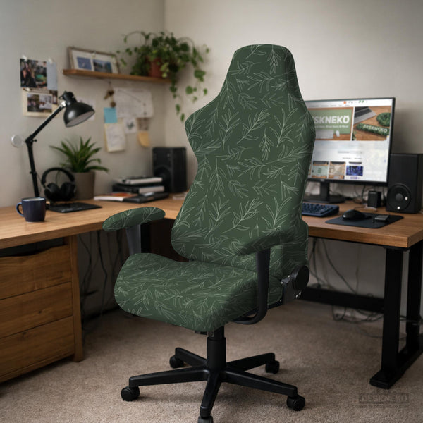 A forest green chair cover with a sage green leaf print shown on a high-back office or gaming chair.
