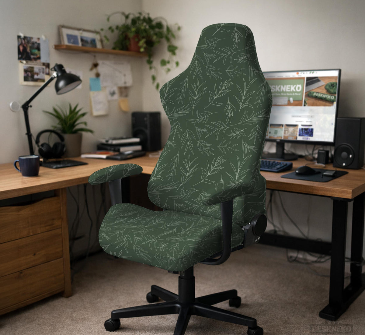 Sage green line-art leaf print chair cover shown with office chair cover options, including full cover, back and seat cover, seat-only cover, and armrest-only cover.