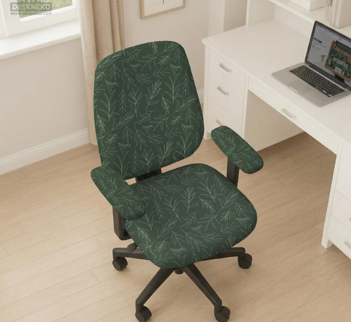 Sage green line-art leaf print chair cover shown with office chair cover options, including full cover, back and seat cover, seat-only cover, and armrest-only cover.
