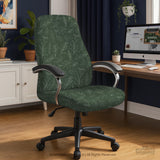 A forest green chair cover with a sage green leaf print shown on a high-back office or gaming chair.