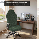 A forest green chair cover with a sage green leaf print shown on a high-back office or gaming chair.