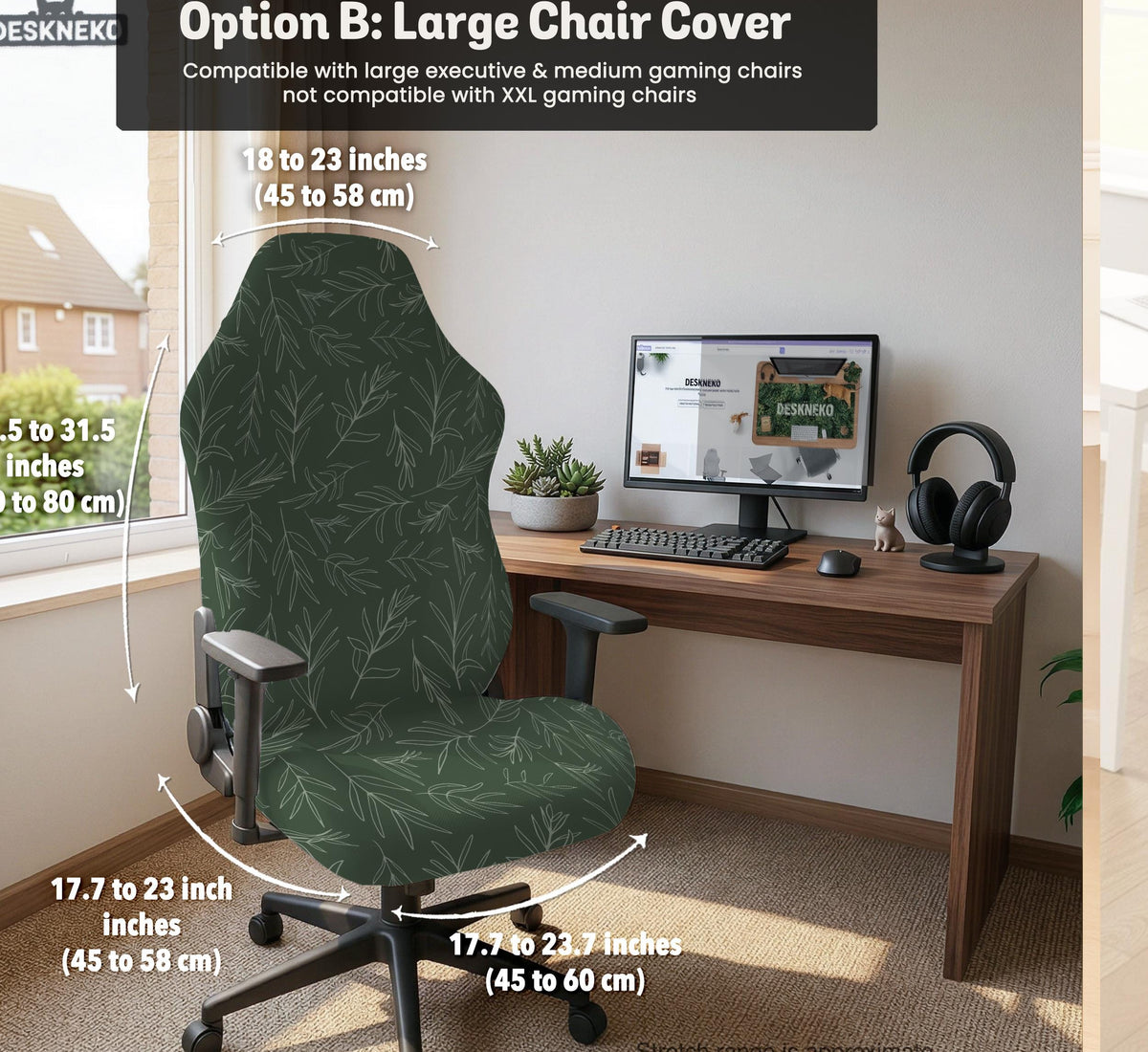 Sage green line-art leaf print chair cover shown with office chair cover options, including full cover, back and seat cover, seat-only cover, and armrest-only cover.