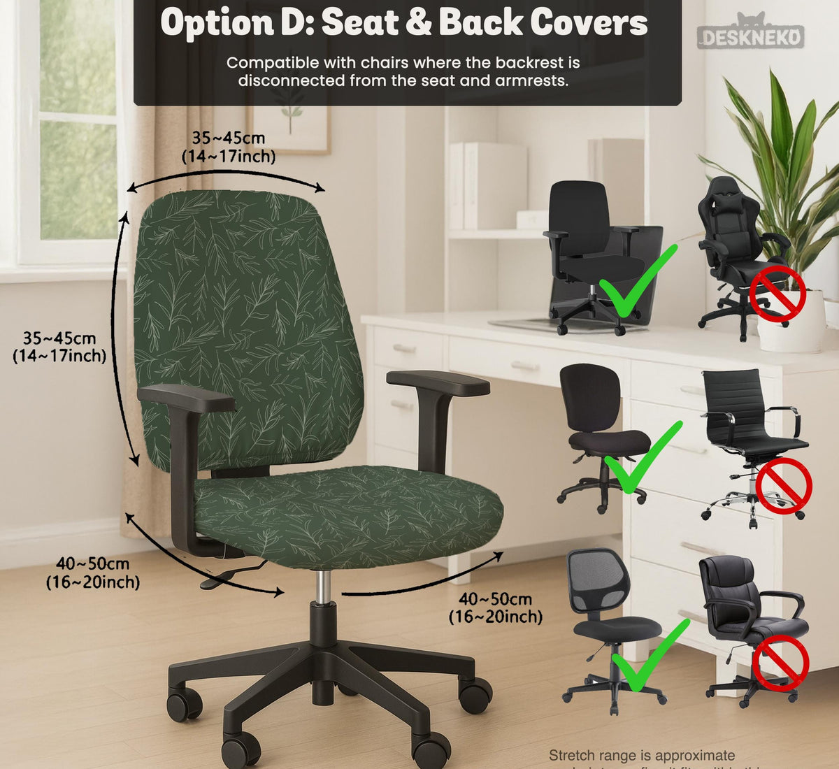A forest green chair cover with a sage green leaf print shown on a high-back office or gaming chair.