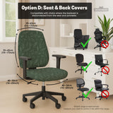 A forest green chair cover with a sage green leaf print shown on a high-back office or gaming chair.