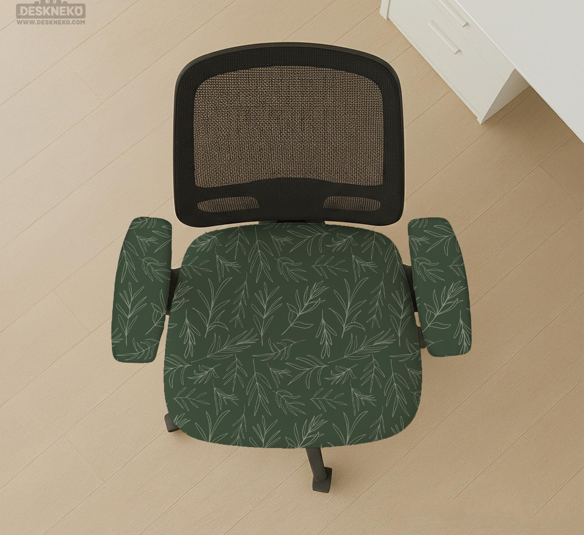 Sage green line-art leaf print chair cover shown with office chair cover options, including full cover, back and seat cover, seat-only cover, and armrest-only cover.