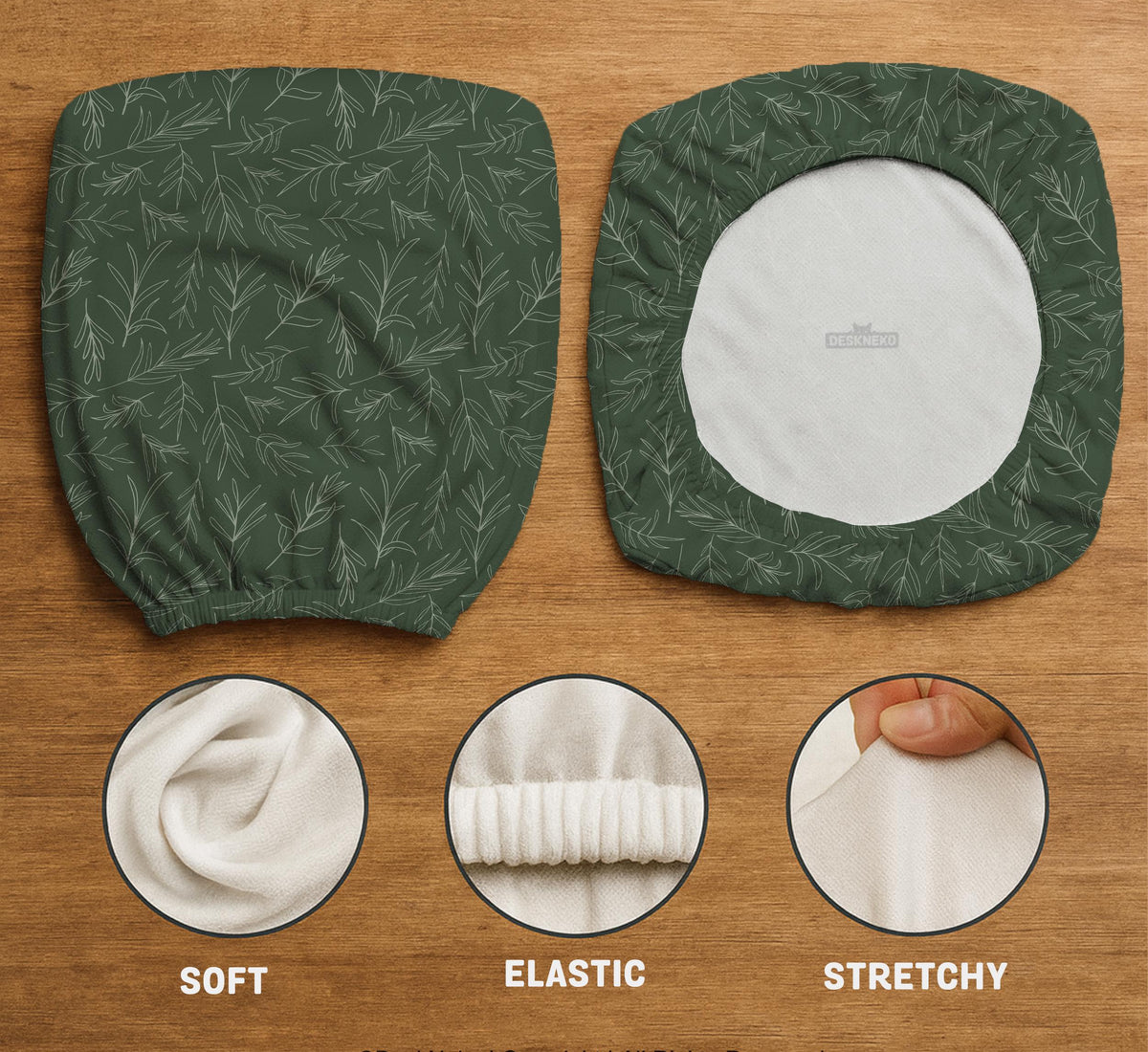 A forest green chair cover with a sage green leaf print shown on a high-back office or gaming chair.